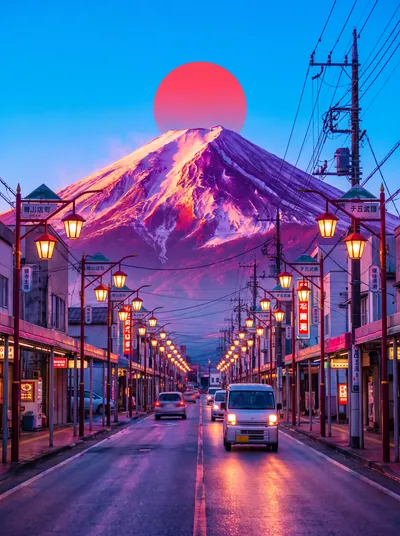 Soleil rouge sur le Fuji