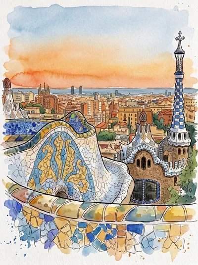 Coucher de soleil sur le parc Güell